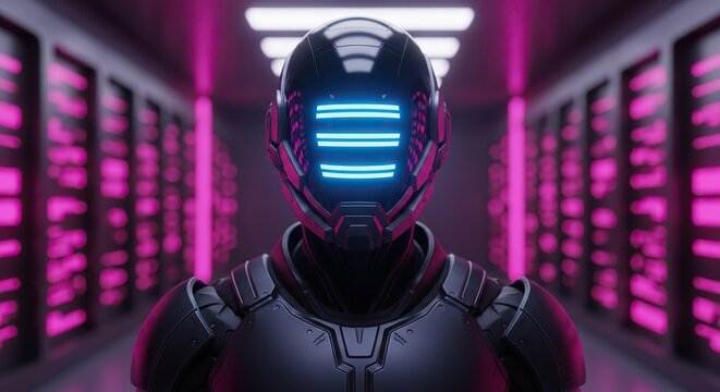 Futuristic robot intelligence glowing with blue digital eyes in a neon pink server room, representing AI advancement and technology. - Powered by Adobe