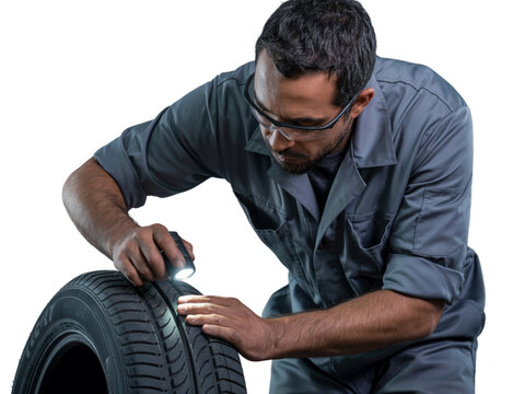 Mechanic inspecting car tire with flashlight isolated on transparent background