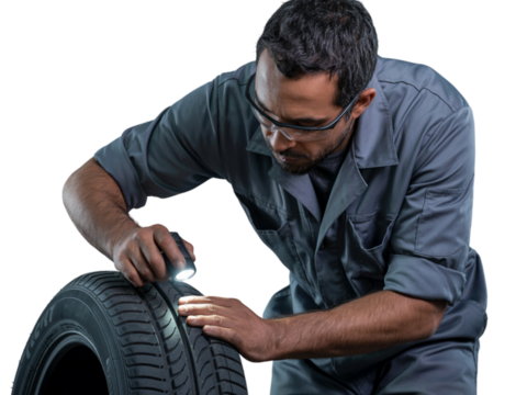 Mechanic inspecting car tire with flashlight isolated on transparent background