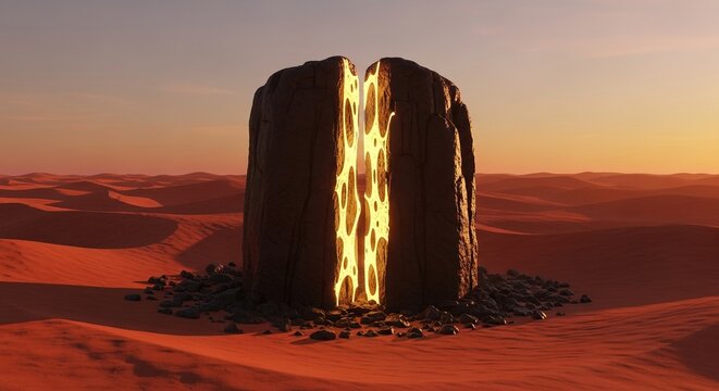 Mysterious glowing portal emerges from ancient desert monolith at sunset, beckoning adventure and discovery