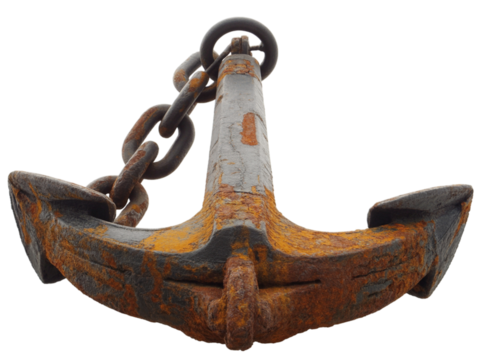 Old rusty anchor isolated on transparent background, nautical and marine theme