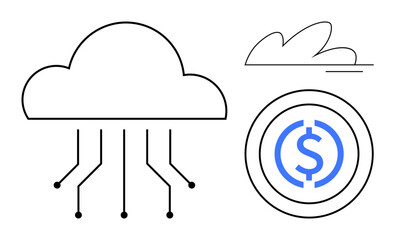 Cloud connecting lines alongside blue dollar coin illustrating technology integration, finance, and innovation. Ideal for cloud-based services, fintech, digital business, finance apps, tech strategy