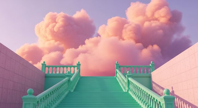 Ascend into dreamy pastel clouds via a surreal mint green staircase, offering a vibrant escape and aspirational journey.
