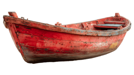 Weathered red rowboat, ready for a nautical adventure  on white background.