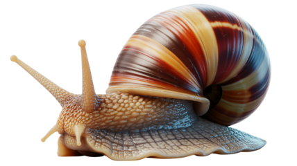 Macro view of a snail with detailed shell and translucent skin