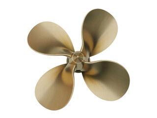 Shiny brass boat propeller with four blades isolated on transparent background