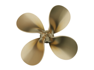 Shiny brass boat propeller with four blades isolated on transparent background