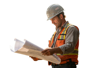 Construction worker in hardhat and safety vest reading blueprints isolated on transparent background