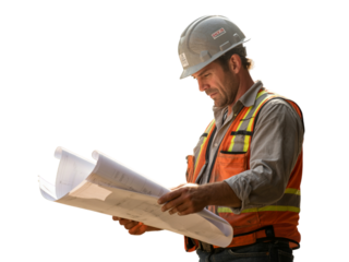 Construction worker in hardhat and safety vest reading blueprints isolated on transparent background