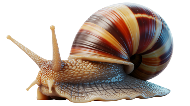 Macro view of a snail with detailed shell and translucent skin