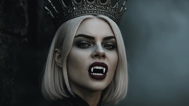White-Haired Vampire Queen with Silver Crown Side View Revealing Fangs Close-Up