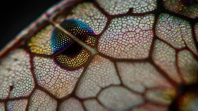 Microscopic view of an insect wing with intricate iridescent patterns and delicate cellular structure.