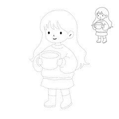 Little girl holding a big mug with hot chocolate coloring pages printable for kids and adult