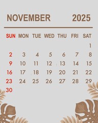 Autumn-themed November Calendar with Falling Leaf Illustrations