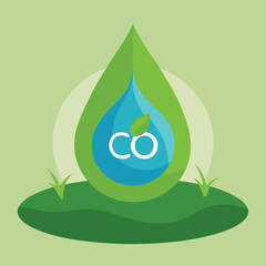 Green Drop Symbol with C O2 and Leaf on Hill carbon dioxide