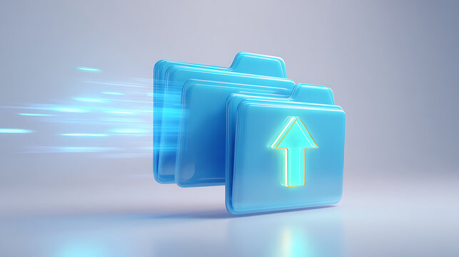 Seamless data transfer visualized with glowing folder icons and speedy light trails, modern technology for digital file management and efficient cloud storage