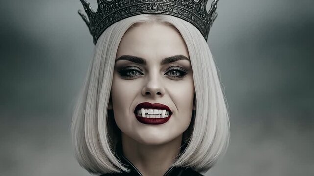 White-Haired Vampire Queen with Silver Crown Frontal View Revealing Fangs Close-Up