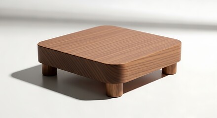 Minimalist Wooden Stool on White Surface with Shadow.