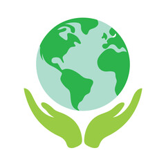 Green Hands Cupping Earth Globe Icon On White Background Keywords: hands, holding, earth, globe
