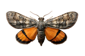 Detailed moth with orange and gray wings isolated on transparent background