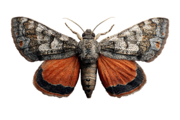 Detailed moth with orange and gray wings isolated on transparent background