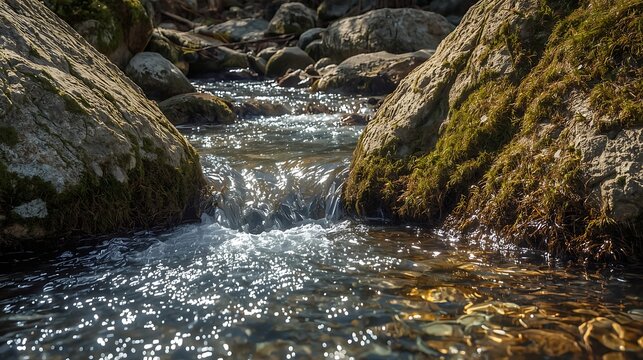 serene clear stream flowing between moss-covered rocks - Powered by Adobe