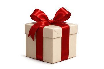 White gift box with red ribbon and bow, symbolizing celebration, birthday, anniversary, and holiday surprises