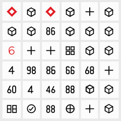Grid of Icons and Numbers with Red Diamond and Checkmark Keywords: grid, icons, numbers, symbols
