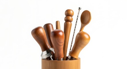 Wooden Bar Tools Set in Holder on White Background.
