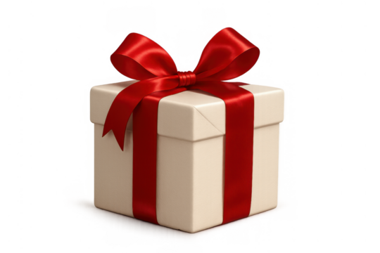 White gift box with red ribbon and bow, symbolizing celebration, birthday, anniversary, and holiday surprises