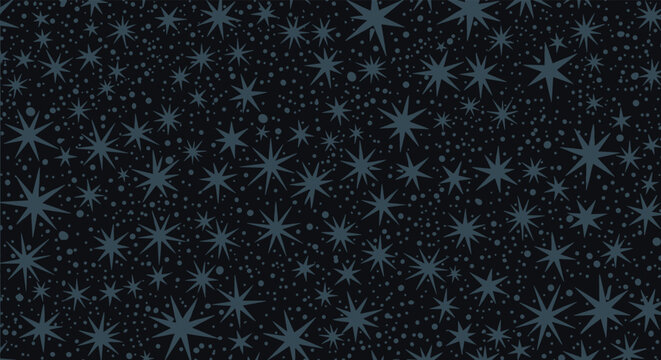 A seamless pattern of stylized, hand-drawn grey-blue stars and dots on a dark blue background, evoking a whimsical night sky or retro design.