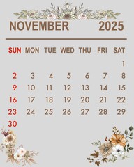 Autumn-themed November Calendar with Falling Leaf Illustrations