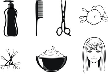 Beauty salon hair care tools and accessories vector illustration with comb, scissors, shampoo bottle, cotton swabs, cream bowl, and woman face.