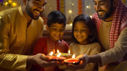 A warm family moment during Deepavali — children lighting diyas with their parents - Powered by Adobe