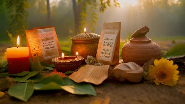 Aesthetic Deepavali ad for organic products &mdash; candles and diyas placed among fresh flowers 