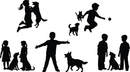 Children and dog silhouette illustration, playful interaction, joyful moments, black vector, pet companionship, outdoor activity, friendship concept, animal bonding, family scene