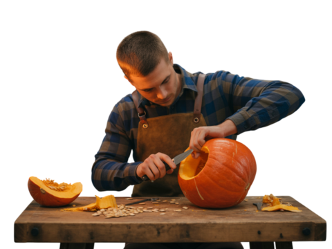 Man carving a pumpkin for halloween isolated on transparent background