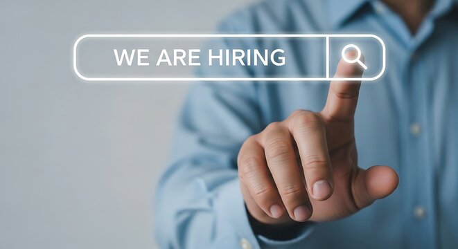 Hand pointing at a search bar with the text we are hiring on white background