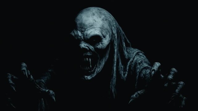 Ancient Vampire Monster with Glowing Eyes Showing Claws and Fangs on Dark Background