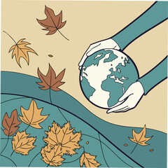 Hands cradling the Earth amidst falling autumn leaves