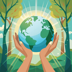 Hands cradle Earth with sunbeams and trees in background
