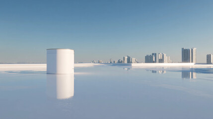 Pristine White Paint Can on Reflective Surface Against City Skyline, Generative AI