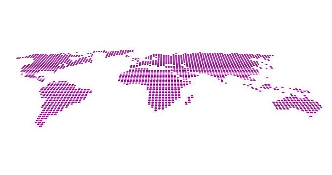 Digital world map design that is assembled in purple with dots on a white background