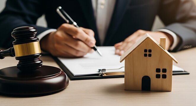 Lawyer signing a document with a gavel and a house model on the table