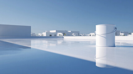 Pristine Blank White Paint Can on a Modern Rooftop with Blue Sky Reflection, Generative AI