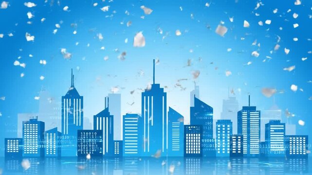 City skyline with digital data particles floating in blue sky background