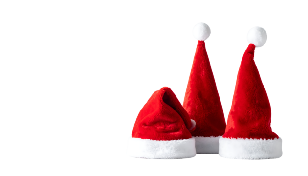 Three santa hats, two standing upright and one folded, red and white, festive headwear on transparent background