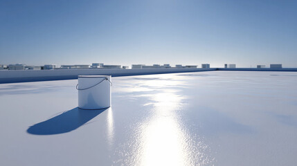 Blank White Paint Can Mockup on an Expansive Rooftop Surface Under Blue Sky, Generative AI