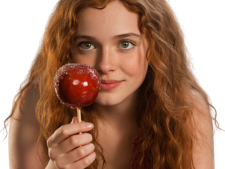 Young woman with red hair holding a candied apple isolated on transparent background