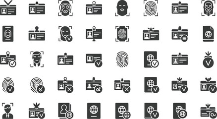 Fototapeta premium Biometric Identity Icons Set Face Recognition, Fingerprint Scan, ID Card & Passport